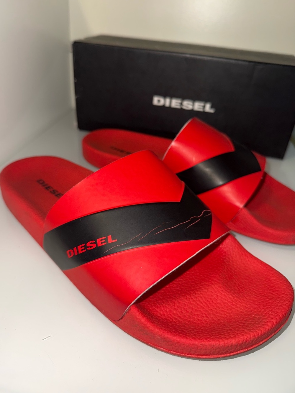 Diesel Red and Black Logo Slide Sandals